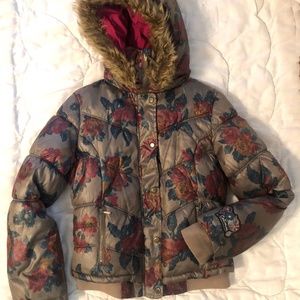 Catimini floral winter puffer coat with fur-trim hood